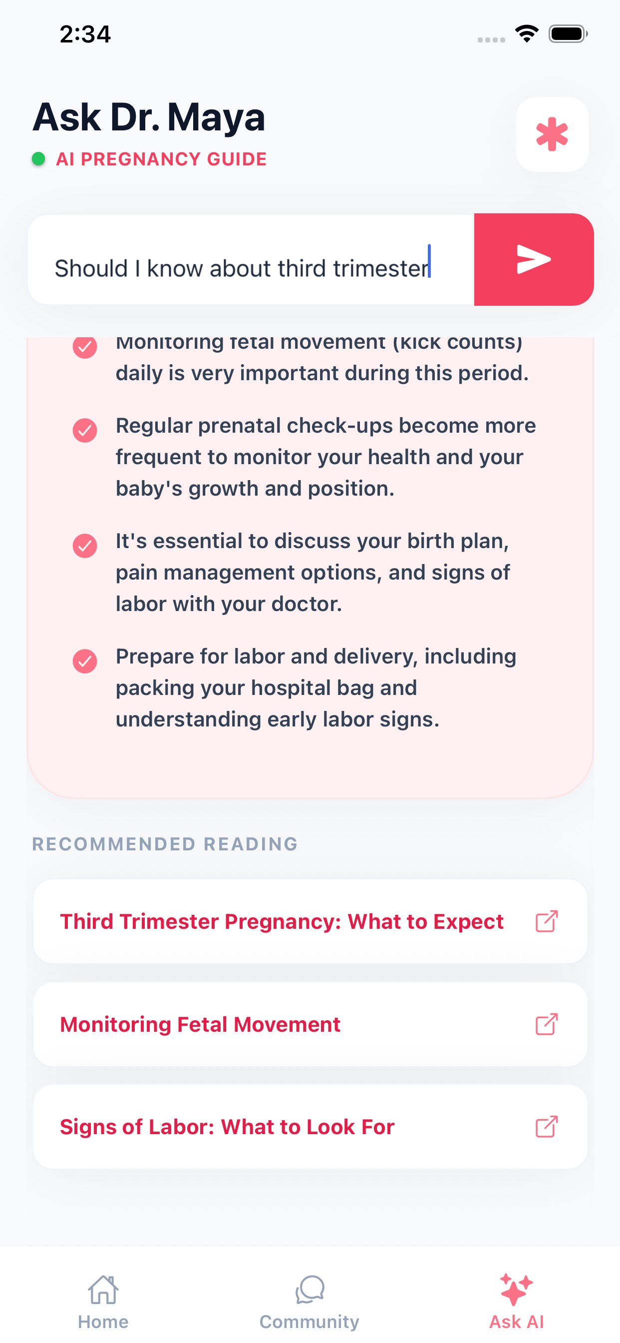 AI assistant chat screen in the mamaplus app