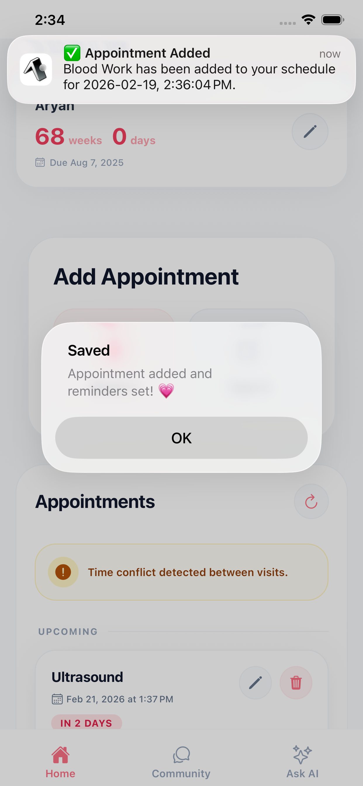 Appointment scheduling screen in the mamaplus app